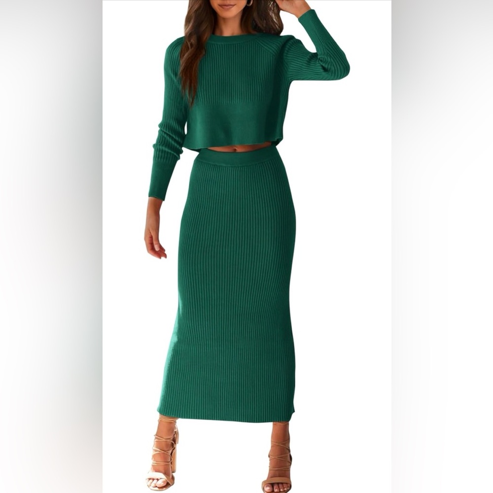 PRETTYGARDEN Women’s Dark Green 2 Piece Ribbed Cropped Sweater & Maxi Skirt Set
